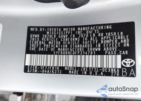 2015 Toyota Corolla Le/Le Plus/Le Premium из США, поврежденный, VIN 5YFBURHE0FP314781